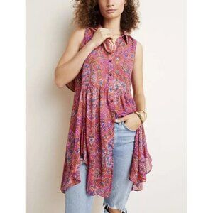 Anthropologie Maeve Women's Pink Paisley Button Up Flowy Tunic Top Size 0